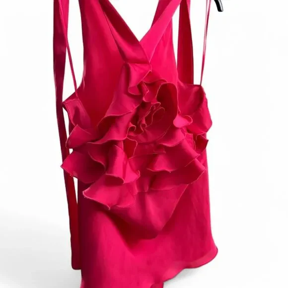 Hot pink ruffle blouse with adjustable criss cross strap, halter top style. - Picture 3 of 8